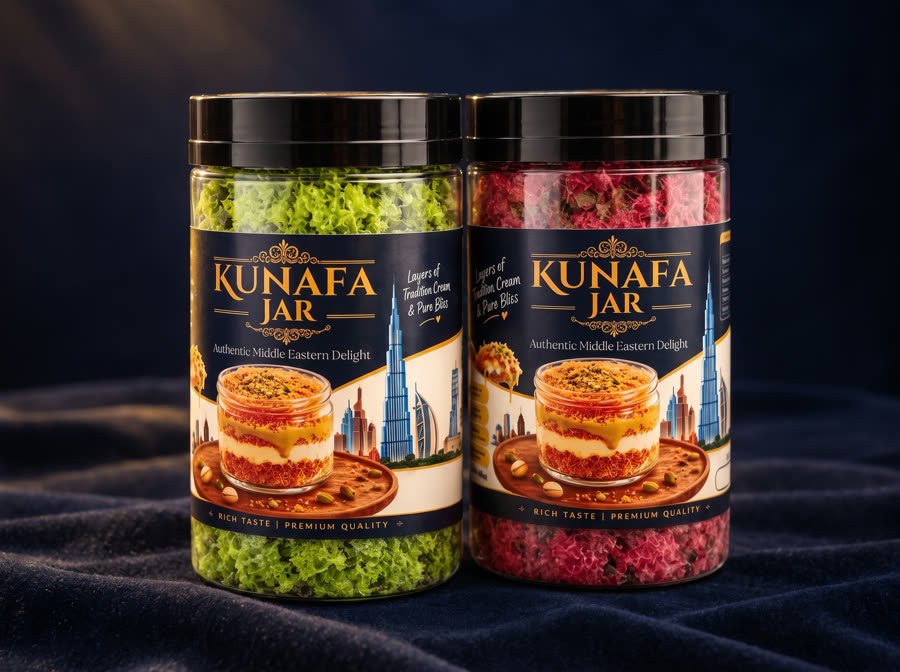 Two Kunafa Jar layered kunafa desserts by Blue Dubai Sweets in clear jars with black lids