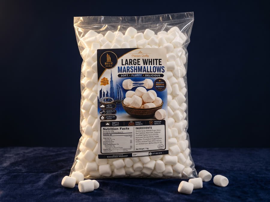 Large White Marshmallows bulk bag by Blue Dubai Sweets with marshmallows scattered in front