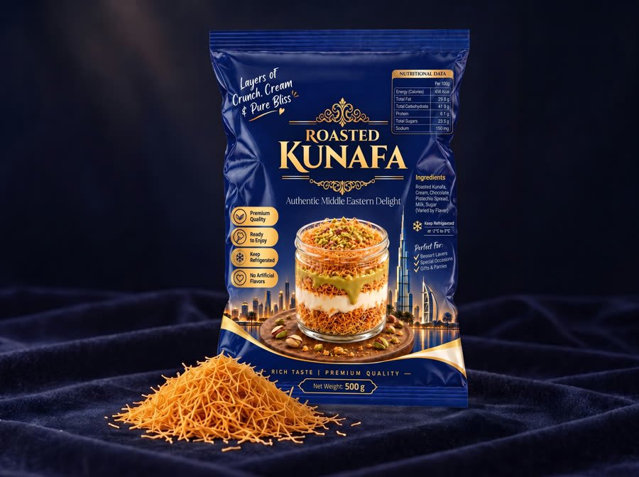 Roasted Kunafa 500 g pack by Blue Dubai Sweets beside a pile of golden roasted kunafa strands